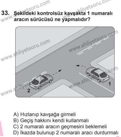 10 Ekim 2015 Tarihli Sürücü Adayları Sınavı N Kitapçığı 33. Soru