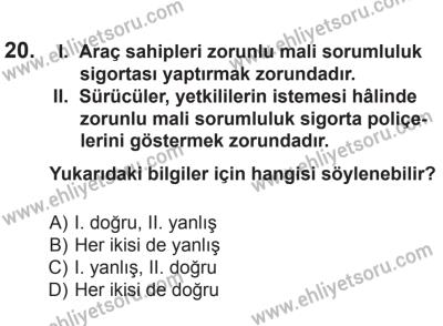 12 Aralık 2015 Tarihli Sürücü Adayları Sınavı N Kitapçığı 20. Soru