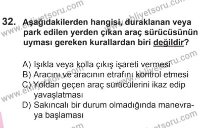 12 Aralık 2015 Tarihli Sürücü Adayları Sınavı N Kitapçığı 32. Soru