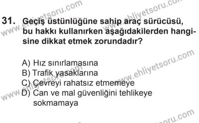12 Temmuz 2014 Tarihli Sürücü Adayları Sınavı K Kitapçığı 31. Soru