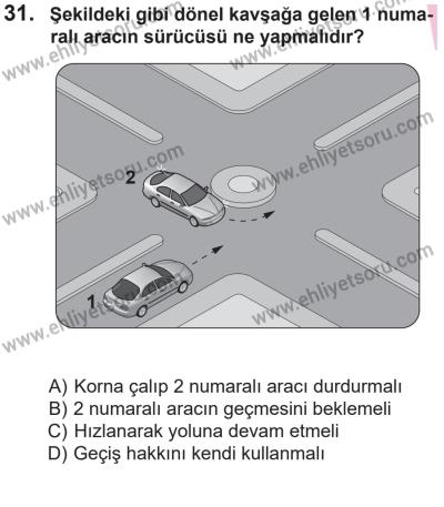 14 Nisan 2016 Tarihli Sürücü Adayları Sınavı N Kitapçığı 2. Oturum 31. Soru