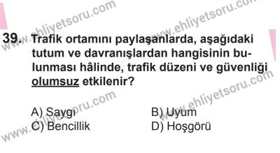 18 Ekim 2014 Tarihli Sürücü Adayları Sınavı M Kitapçığı 39. Soru
