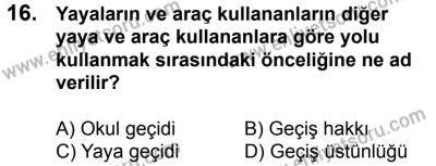 20 Mayıs 2017 Tarihli Sürücü Adayları Sınavı K Kitapçığı 1. Oturum 16. Soru
