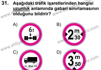 20 Mayıs 2017 Tarihli Sürücü Adayları Sınavı L Kitapçığı 1. Oturum 31. Soru