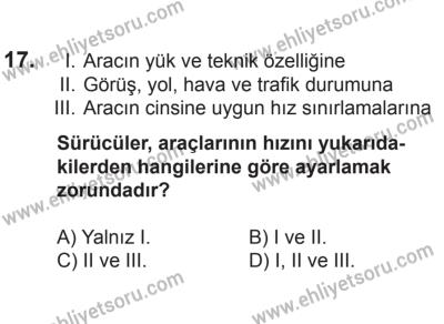 21 Nisan 2018 Tarihli Sürücü Adayları Sınavı M Kitapçığı 17. Soru