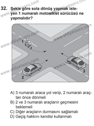 22 Mart 2015 Tarihli Sürücü Adayları Sınavı K Kitapçığı 32. Soru