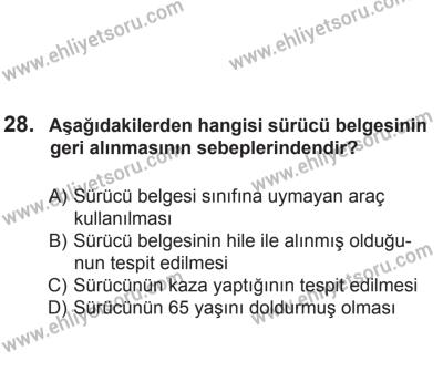 24 Ağustos 2013 Tarihli Sürücü Adayları Sınavı N Kitapçığı 28. Soru