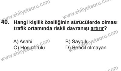 24 Ağustos 2013 Tarihli Sürücü Adayları Sınavı N Kitapçığı 40. Soru
