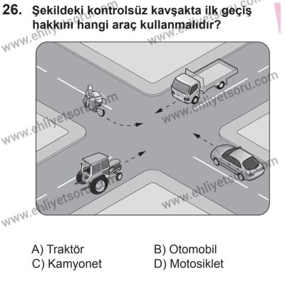 29 Ağustos 2015 Tarihli Sürücü Adayları Sınavı N Kitapçığı 26. Soru