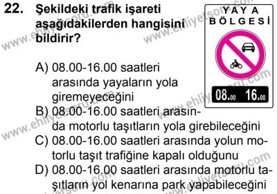 29 Temmuz 2017 Tarihli Sürücü Adayları Sınavı K Kitapçığı 1. Oturum 22. Soru