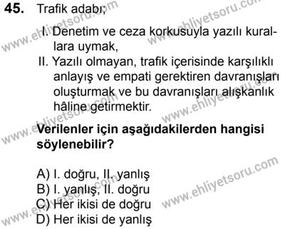 29 Temmuz 2017 Tarihli Sürücü Adayları Sınavı K Kitapçığı 2. Oturum 45. Soru