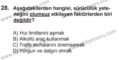 6 Eylül 2014 Tarihli Sürücü Adayları Sınavı N Kitapçığı 28. Soru