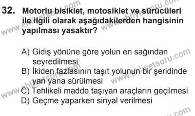 8 Ekim 2016 Tarihli Sürücü Adayları Sınavı K Kitapçığı 1. Oturum 32. Soru