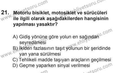 8 Ekim 2016 Tarihli Sürücü Adayları Sınavı L Kitapçığı 2. Oturum 21. Soru