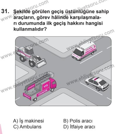 8 Ekim 2016 Tarihli Sürücü Adayları Sınavı N Kitapçığı 2Oturumu 31. Soru